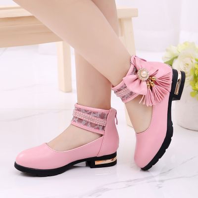 Fashion Tassel Bow Childrens Leather Shoes Girls Flower For Princess Wedding Big Kid Dance Shoes 3 4 5 6 7 8 9 10 11 12 Year Old