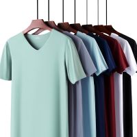 ↂ✣❂ Summer Mens Ice Silk Seamless Short-sleeved T-shirt Slim Thin Breathable V-neck Bottoming Shirt