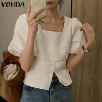 Vonda เสื้อเบลาส์ แขนสั้น คอสี่เหลี่ยม ผ่าข้าง สไตล์เกาหลี สําหรับผู้หญิง