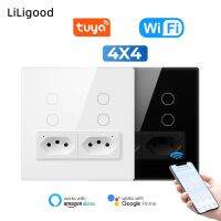 Tuya Brazil 4X4 WiFi Wall Switch with Socket Touch-Sensor interruptor 4gang Smart Light Switch work for Alexa Google Home Power Points  Switches Saver