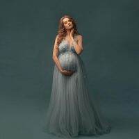 Elegant Lingt Blue Tulle 3D ดอกไม้ชุดคลุมท้อง Halter แขนกุด Floeal ชุดคลุมท้องการถ่ายภาพ Baby Shower Dresses