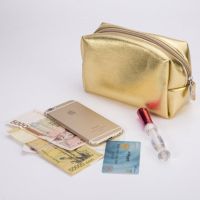 Women 39;s Wash Bag Portable Golden PU Leather Solid Color Makeup Case Design Large Capacity Business Trip Pouch