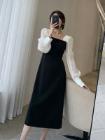 Fall new Stitching Sleeves Black White Contrasting-Color Dress Womens Mid-Length Square Collar Jum