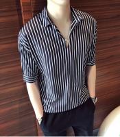 Coolman  เสื้อเชิ้ตแขน 3 ส่วนผู้ชาย ลายริ้ว ผ่าอก ไม่มีกระดุม รุ่น 1237