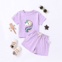 【CC】 Unicorn Sets Cartoon Pattern Baby Children Tracksuits Cotton Tee and Short Pants Kids 2pcs Suits