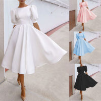 2022 Spring And Summer New WomenS Clothing Solid Color Slim WomenS Dress y Temperament Large Swing Short-Sleeved Skirt