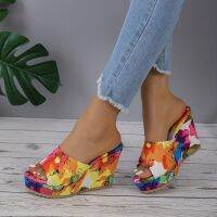 onlcicn Womens Platform Wedge Sandals, Colorful Print Peep Teo Slip On High Heels, Stylish Ladies Sandals