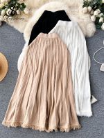 SINGREINY Winter Twists Knitted Skirt Female Elastic Waist A Line Fashion Streetwear Tassel Pleated Sweater Long Skirts