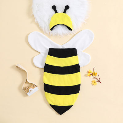 ถุงนอนเด็กห่อตัวผึ้งสีเหลืองมีแถบสำหรับใส่นอนถุงนอนชุดคอสตูมผึ้งแรกเกิดหมวกเข้าคู่