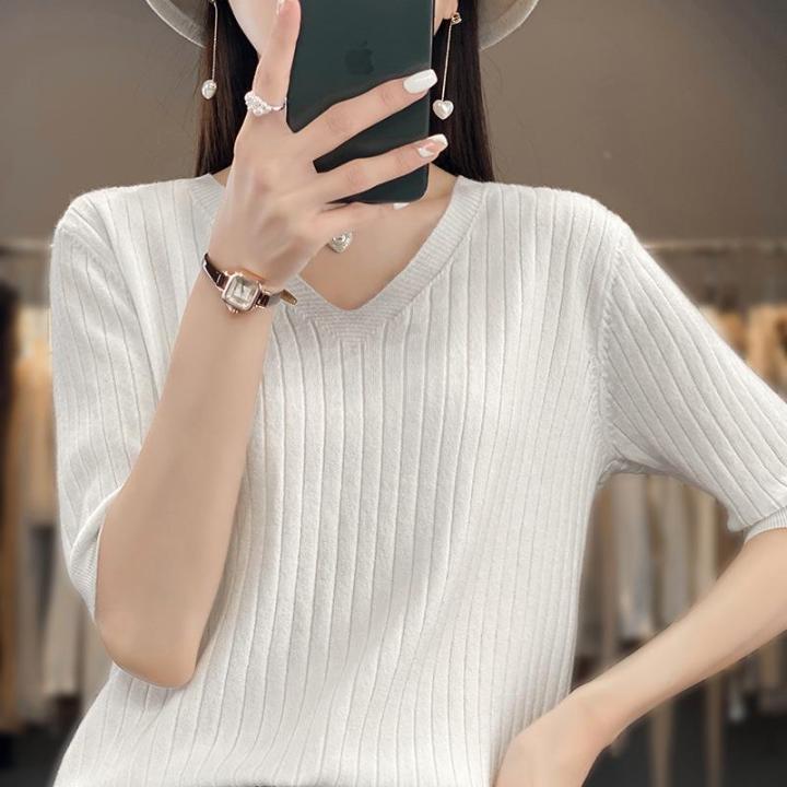 2023-summer-new-simple-v-neck-knitted-short-sleeved-womens-slim-fit-slim-fit-all-match-drawdown-t-shirt-solid-color-knitted-sweater-2023