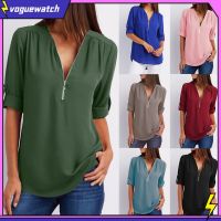 COD DSFERTRETRE VOG Casual Office Lady Sexy Solid Color Zipper V Neck Half Sleeve Shirt Loose Blouse