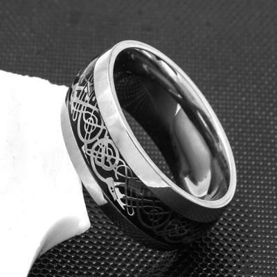 MANDYSU สีดำ ทังสเตนคาร์ไบด์ เงิน 8mm สแตนเลส วงดนตรีงานแต่งงาน ผู้ชาย แหวนมังกร