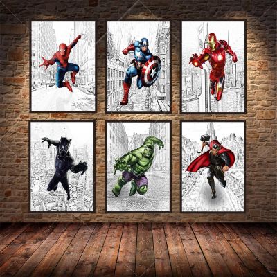 ¤□ Marvel Avengers Super Hero สีดำและสีขาวการ์ตูนโปสเตอร์ภาพวาด Spiderman Wall Art รูปภาพสำหรับห้องนั่งเล่นตกแต่งบ้าน