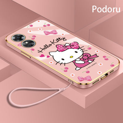 เคส OPPO A17เรียบง่ายสุดหรูชุบทองเคสโทรศัพท์ Hello Kitty เคสซิลิโคน TPU นิ่ม