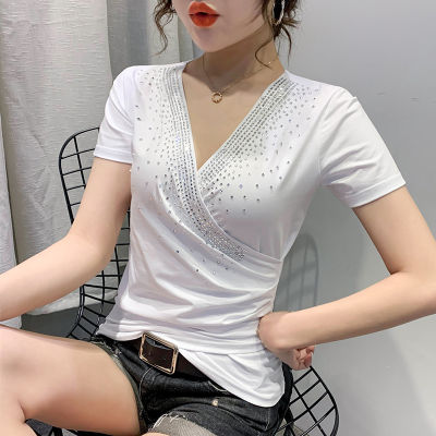 Summer European Clothes Cotton T-Shirt Girl Fashion Sexy V-Neck Drape Shiny Rivet Women Tops Short Sleeve Tees New T14316A