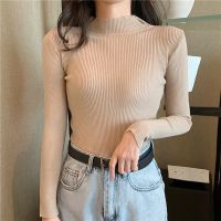 Feng Qi shopFree Size Women Sweaters Autumn Long Sleeve Thin Turtleneck Sweater Stretch Matte Knitted Sweater Tops