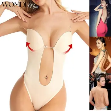 Invisible Shaper Bra Sexy Bodysuit Corset Backless Deep V-neck U Plunge  Thong Waist Trainer Clear Strap Padded Push Up Shapewear