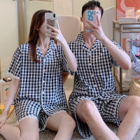 Fast Shipping New Korean Couple Pajamas In Summer, Wardrobed Cotton Checkered Cardigan Short -Sleeved Shorts, MenS Warm