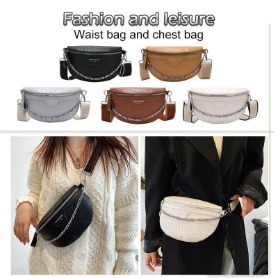 Women PU Fanny Pack Alligator Leather Crossbody Bags Chains Crossbody Handbag Small Zipper Solid Saddle Purse for Travel