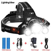 Lightingview Super Bright Headlamp 3 LED Headlight 10000 Lumens Fishing Lamp 4 Modes Lighting Camping with 18650 Battery