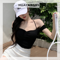 HUAYANG01 2023แฟชั่นสุดฮอตสำหรับผู้หญิง,เสื้อยืดแขนสั้นสุดเซ็กซี่เสื้อคล้องคอปิดไหล่เสื้อครอปทรงสลิมสีทึบ