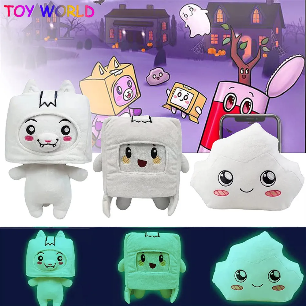Newest Glow in the Dark Lankybox World Foxy & Boxy & Rocky Plush Toys Doll  Double-Sided Reversible Removable Cartoon Robot Plush Turned Into A Doll  Girl Bed Pillow Birthday Christmas Gift |