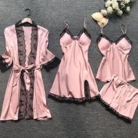 Women Pajamas Sets Satin Sleepwear Silk 4 Pieces Nightwear Strap Lace Sleep Lounge Pajama With Chest Pads Drop