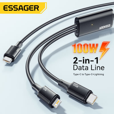 Hot Essager 100W สาย USB C ถึง Type C ถึง Lighting PD Fast Charger Data 2 In 1 Quick สายชาร์จสำหรับ Samsung