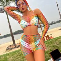 JIANGLIANG Party See-through Bodysuit Beach Wear Hollow Out Summer Outfits Rainbow Swimsuit Women Mesh Dress Fishnet Tank Tops Bikini Cover Ups