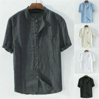 Shirt Smart Casual Dress Plain Top Sleeve Grandad Short Linen