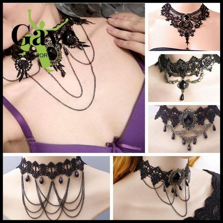 GS Vintage Steampunk Style Black Lace Necklace Beads Pendant Women Chokers  Gothic Collar