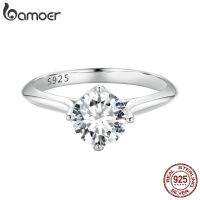Bamoer แหวน VVS1 1.0CT D สำหรับผู้หญิงแหวนเพชรโมอีสทรงกลมแหวนแต่งงานแหวนหมั้น925เงินสเตอร์ลิง MSR033