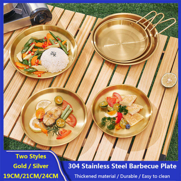 304 Stainless Steel Dining Plate Metal Circular Tray with Handle Commercial Steak Barbecue