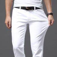 CODkuo0186 Ready Stock 28-40 Plus Size Men Jeans White Casual Spring Autumn Winter Straight Elastic Classic Denim Pants