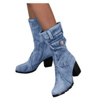 Blue jeans boots Womens Mid-rise Rome Solid Slip-On Chunky Med Heels Boots wild vintage Large Size Ladies shoes