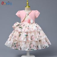 Outong 3Pcs Set Short Sleeve Coat Girls Dresses Kids Chiffon Printing Layers 3-9Y Mid Calf Dress Children Girls With Appliques