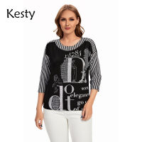 KESTY Womens Plus Size T-Shirt Spring Cotton 34 Sleeve T-Shirt Print Fashion Graphic with Sequins Elastic Loose Top