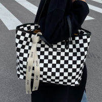 Big Size Womens Shopper Bag Quality Canvas Tote Bag Large Capacity All Match Handbags Female Black and White Plaid Shoulder Bag