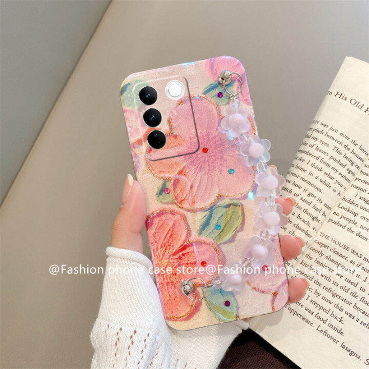 phone-case-เคส-vivo-v27e-v27-pro-5g-y02a-วินเทจพรีเมี่ยมบลูเรย์เคสโทรศัพท์ภาพดอกไม้ภาพสีน้ำมันปกนุ่มพร้อมสร้อยข้อมือ2023