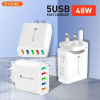 48W มัลติช่องเสียบชาร์จพร้อมพอร์ต USB 5พอร์ตชาร์จสำหรับโทรศัพท์แอนดรอยด์สำหรับ Samsung Xiaomi Huawei Oppo และ Type-C ไปยังสายเคเบิลอะแดปเตอร์ USB และหัวชาร์จปลั๊กสายข้อมูล