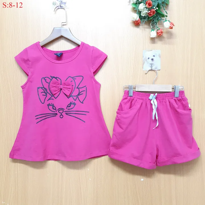 H420-Đồ bộ dễ thương dành cho bé gái , tay ngắn quần ngắn , cho bé từ 8-12t , in họa tiết mèo , made in vietnam.