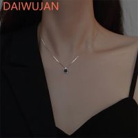 Simple Black Square Pendant Necklace for Women Wedding Engagement Jewelry Vintage Silver Plated Sweater Clavicle Chain Necklace Fashion Chain Necklace