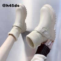 Womens Boots 2021 Autumn and Winter Woollen Short Boots Women Korean Version of Thick-heeled Thick-soled Knitted Short Tube Martin Boots Warm Cotton Leather Boots