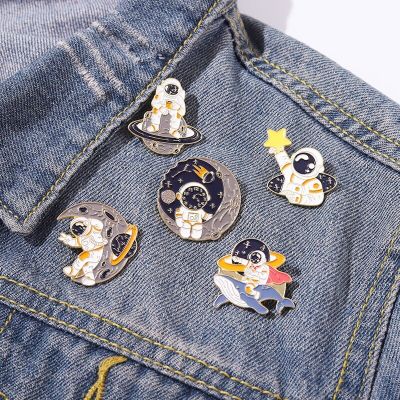 Planet Rocket Whale Astronaut Enamel Lapel Pins Star Moon Milky Way Coffee Brooch Backpack Badges Corsage Jewelry Gifts For Kids
