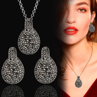 SINLEERY Vintage Women Full Black Cubic Zirconia Drop ต่างหูโบราณสีเงินเครื่องประดับ TZ068