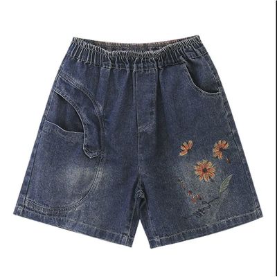 【มีไซส์ใหญ่】Plus Size Womens M-3XL Elastic Waist Denim Shorts Floral Embroidery Straight Leg Summer Shorts