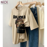 เสื้อยืดผู้หญิงแขนสั้นพิมพ์ลายผ้าคอตตอน NICK ทรงหลวมฉบับภาษาเกาหลี