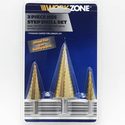 WorkZone step drill ดอกสว่าน ดอกสว่านคว้านรูแบบสเต๊ปชุบไทเทเนี่ยม 3ชิ้น เบอร์ 4-32มิล.