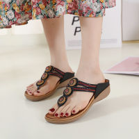 Retro Woman Wedge Sandals Summer Round Toe Flip Flop Fashion Female Slippers Beaded Solid Color Casual Ladies Beach Slippers