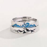 【CW】 Fashionable Couple Silver Color Ink Drop Glue Mountain sea Personality Adjustable Rings Love anniversary gift 1